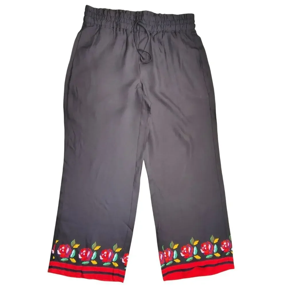 Kate Spade Rose Border Silk-Blend Wide Leg Pants Medium Black Red